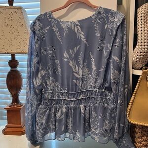 Floral Smocked Waist Long-Sleeve Blouse - Blue